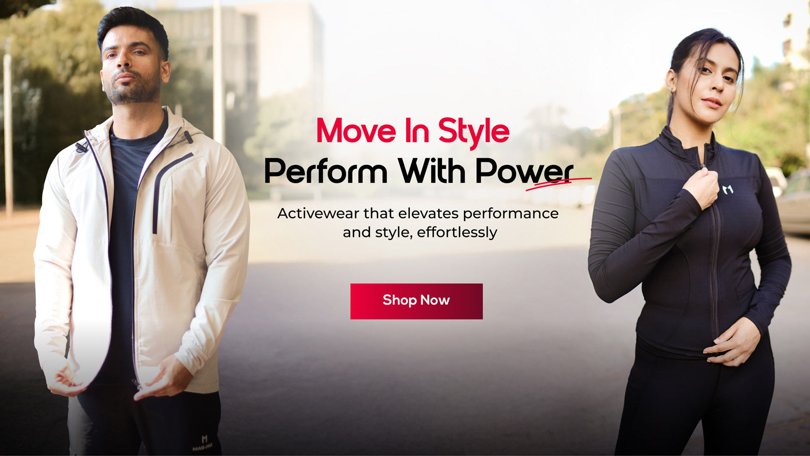 Two people wearing activewear with promotional text and a 'Shop Now' button.