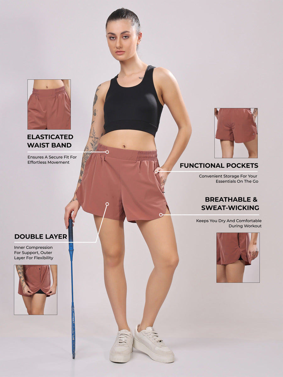 Brick Red Dual Shorts – Durable Fabric, Snug Fit, Bold Look