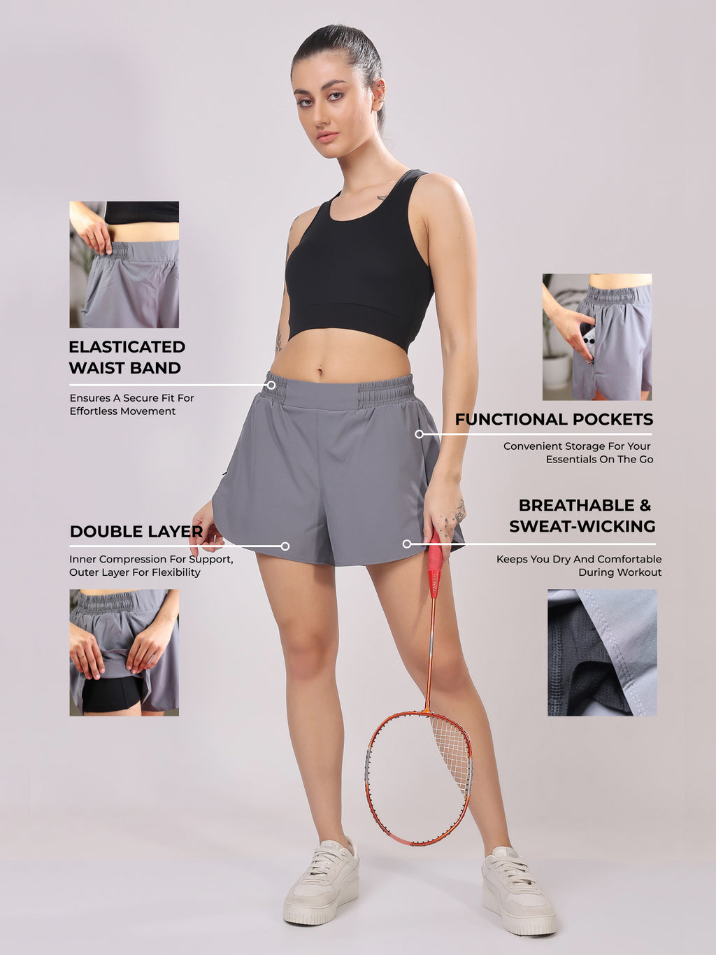 Light Grey Dual Shorts – Breathable, Sweat Resistant, Move Freely