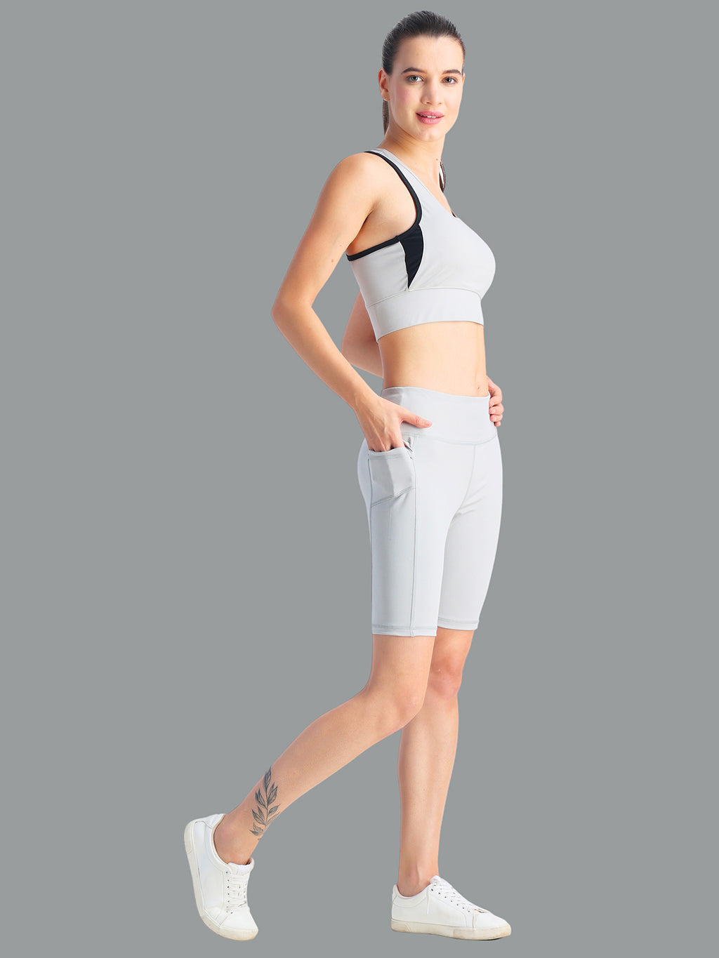 Light Grey Short Co-Ord Set – Stretchable Fabric, Supportive Fit, Versatile Wear