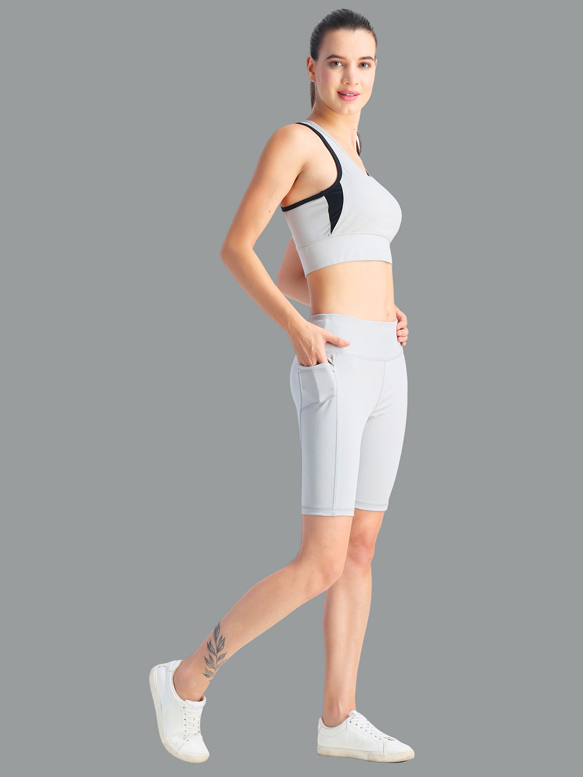 Light Grey Short Co-Ord Set – Stretchable Fabric, Supportive Fit, Versatile Wear