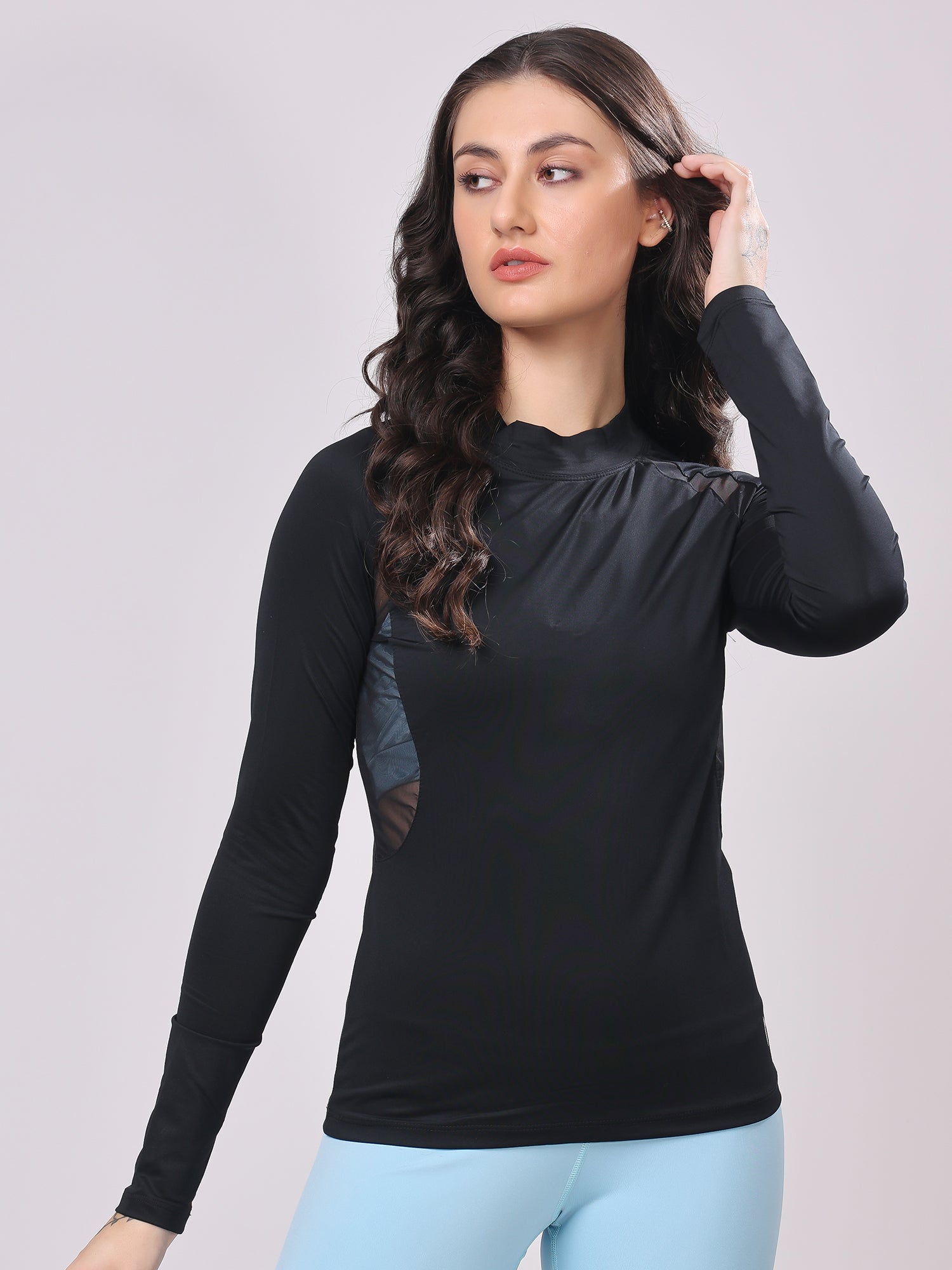 Black All for Glam Mesh Tee – Stylish Fit, Side Mesh Panels, All-Day Comfort