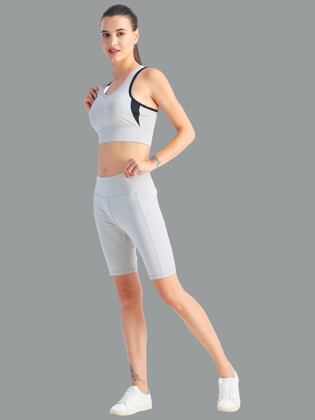 Light Grey Short Co-Ord Set – Stretchable Fabric, Supportive Fit, Versatile Wear