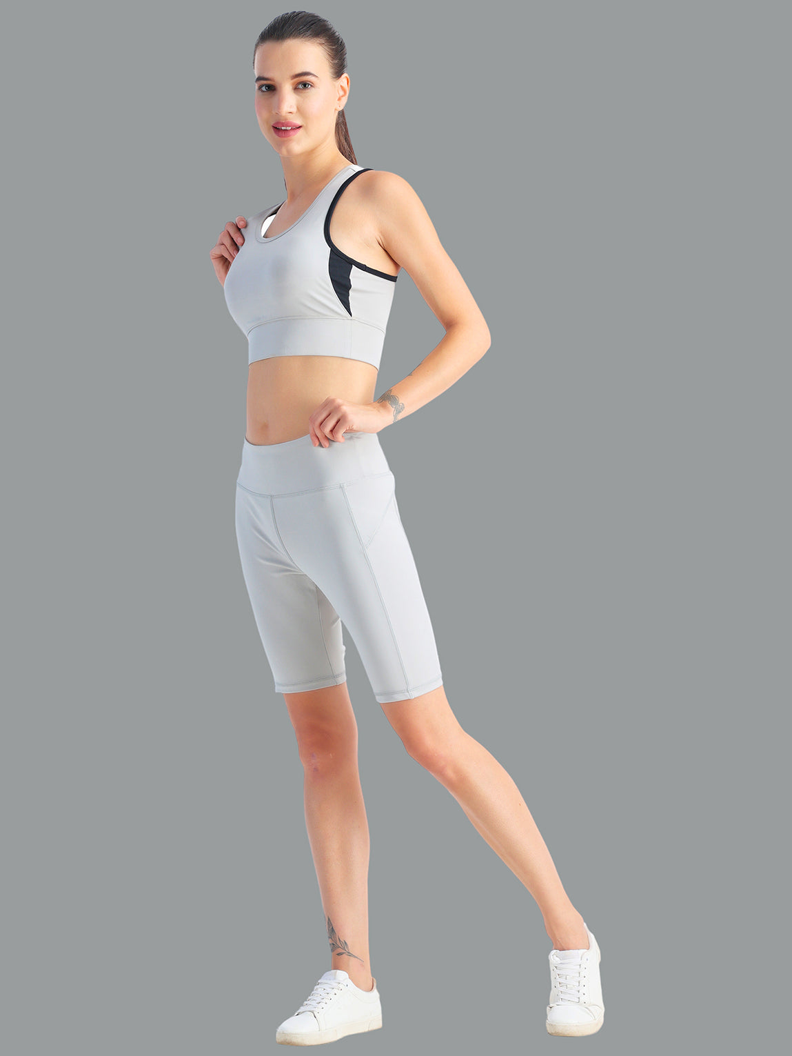 Light Grey Short Co-Ord Set – Stretchable Fabric, Supportive Fit, Versatile Wear
