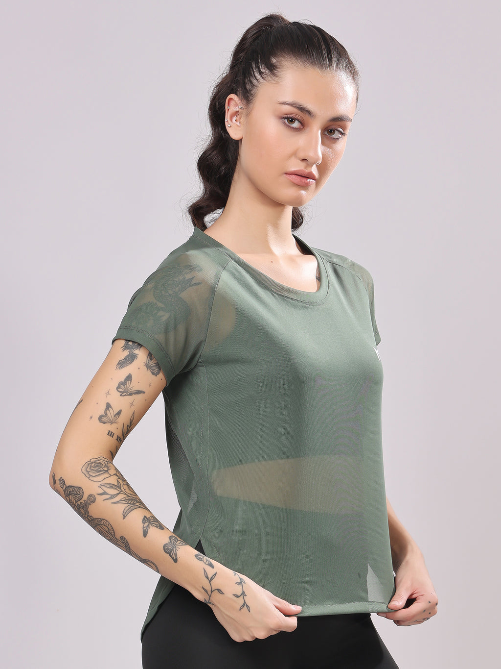 Olive Green Full Mesh Tee – Versatile Fit, Mesh Panels, Everyday Comfort