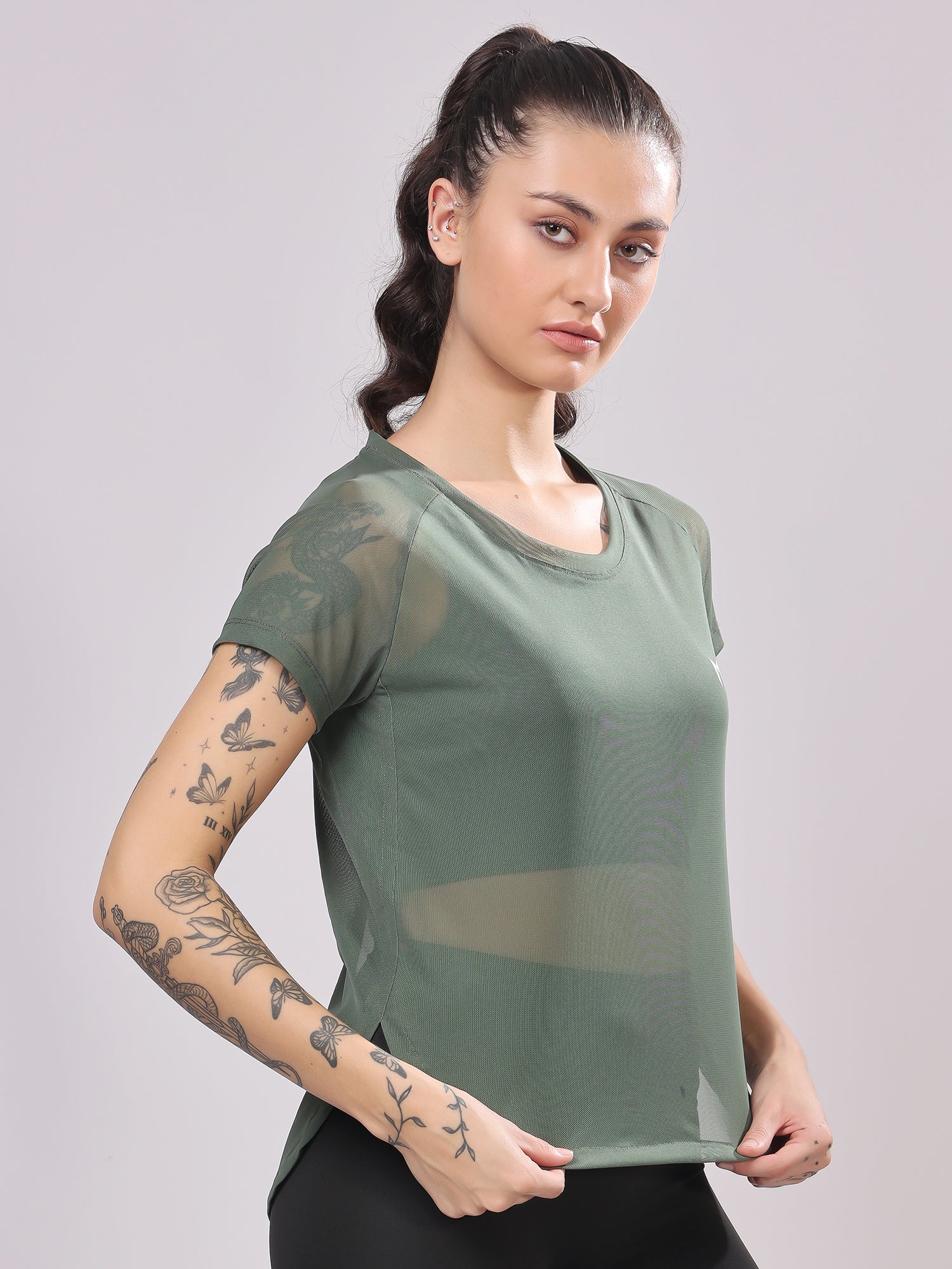 Olive Green Full Mesh Tee – Versatile Fit, Mesh Panels, Everyday Comfort