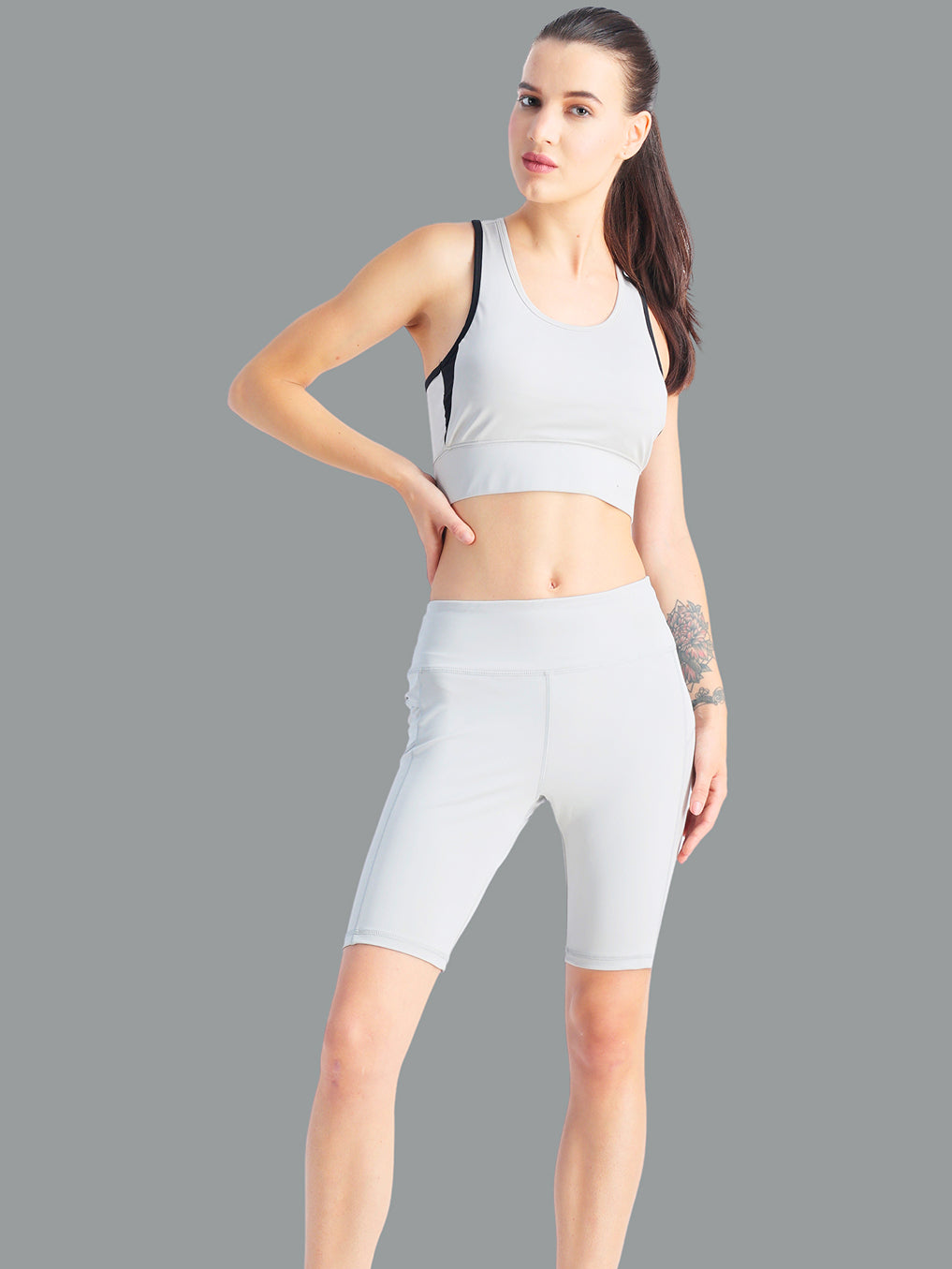 Light Grey Short Co-Ord Set – Stretchable Fabric, Supportive Fit, Versatile Wear