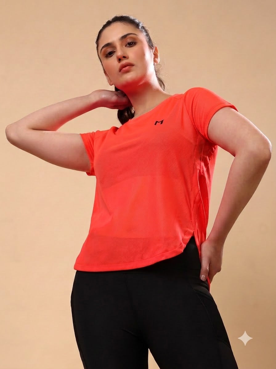 Hot Orange colour mesh tee – Flexible Fit, Breathable Mesh, Stylish Comfort