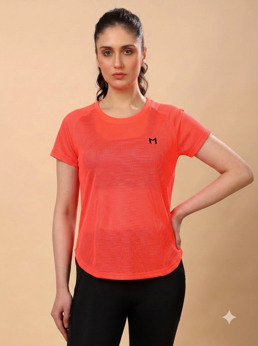 Hot Orange colour mesh tee – Flexible Fit, Breathable Mesh, Stylish Comfort