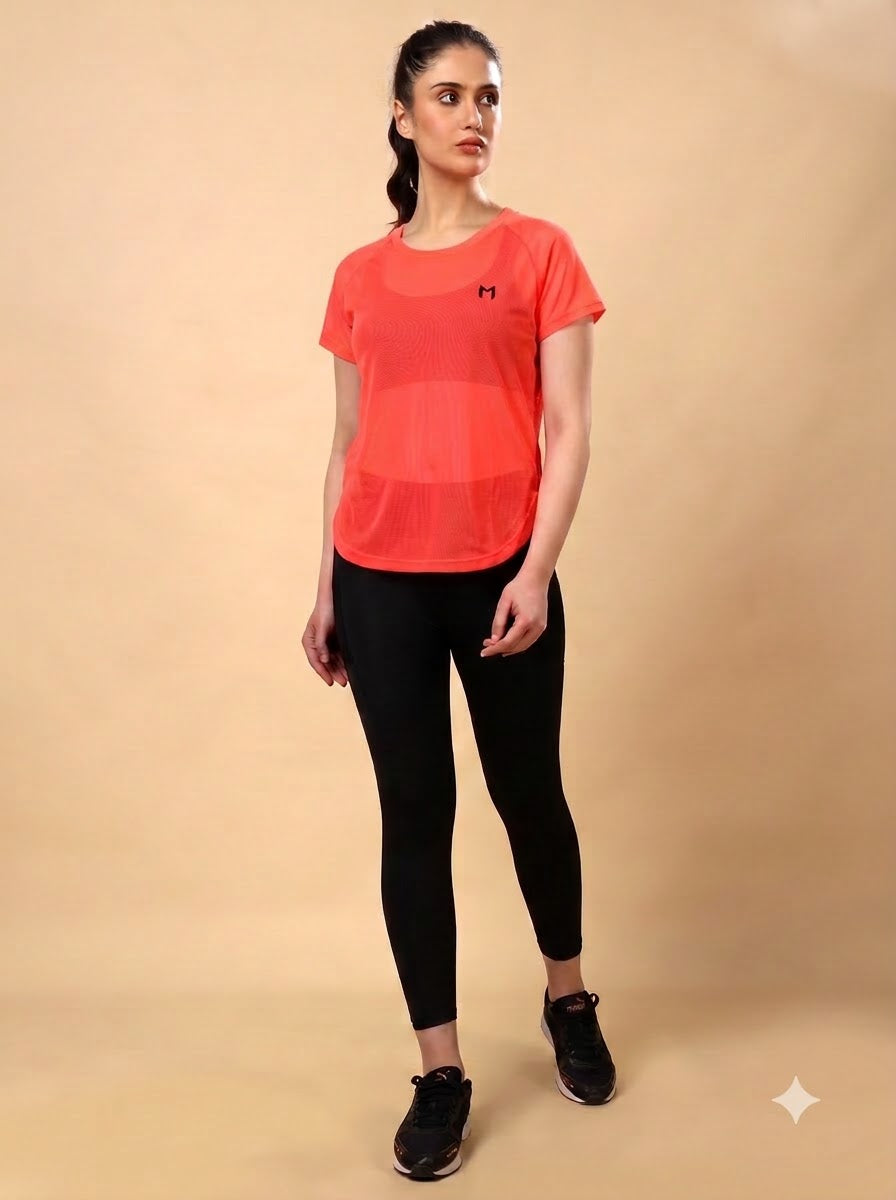 Hot Orange colour mesh tee – Flexible Fit, Breathable Mesh, Stylish Comfort