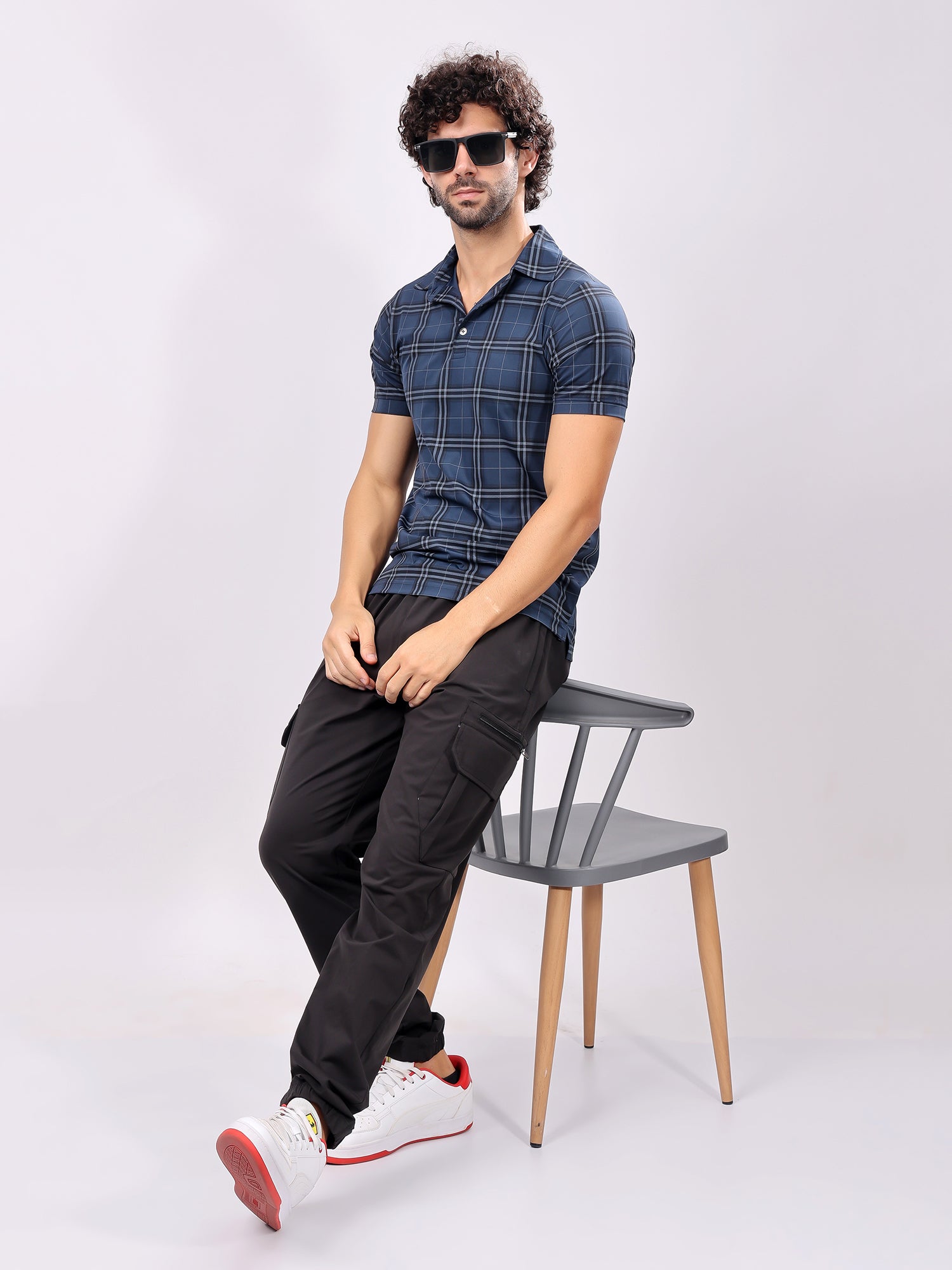 Checked Aegean Blue Collar T­Shirt