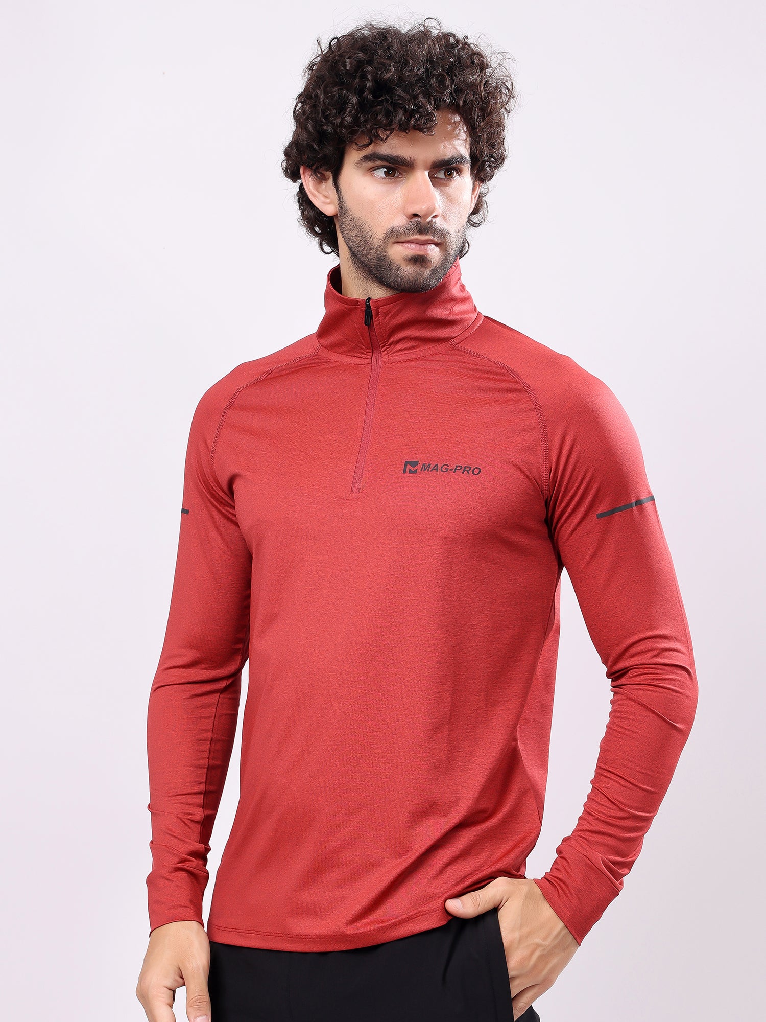 Plain Vermillion Red High­Neck Full Sleeve Tee