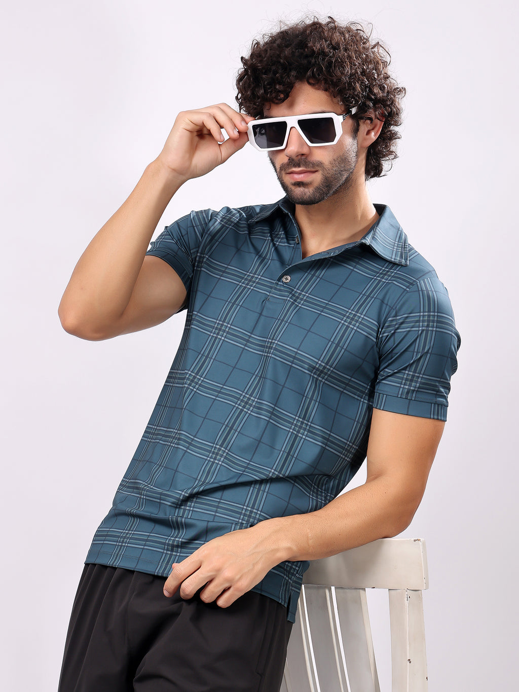 Checked Ocean Blue Collar T­Shirt