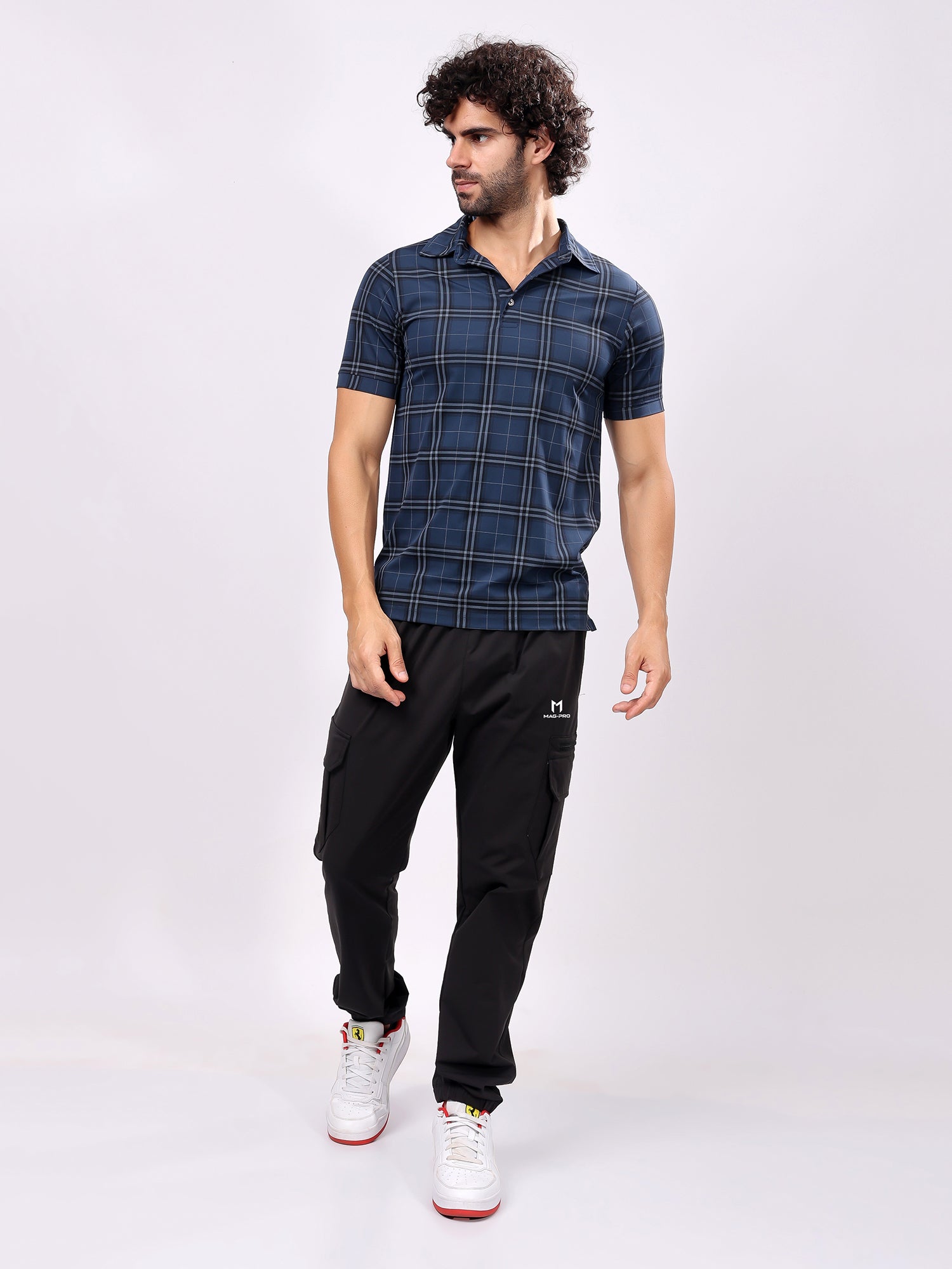 Checked Aegean Blue Collar T­Shirt