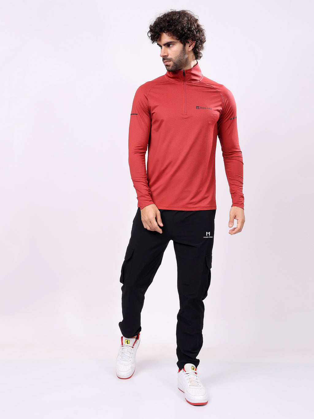 Plain Vermillion Red High­Neck Full Sleeve Tee