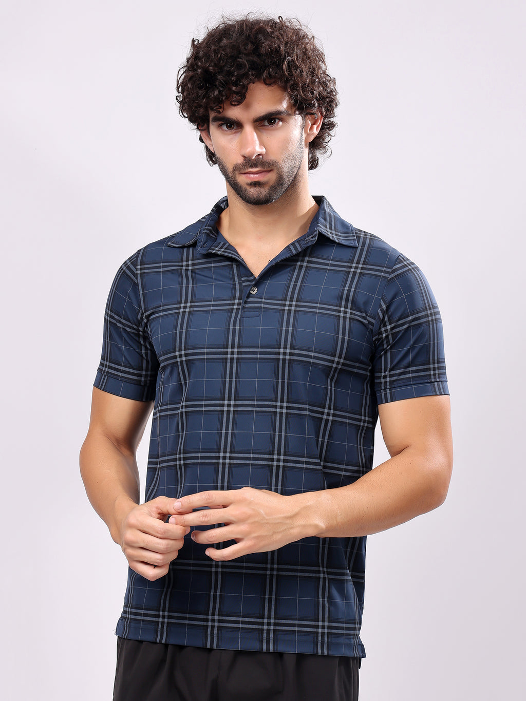 Checked Aegean Blue Collar T­Shirt