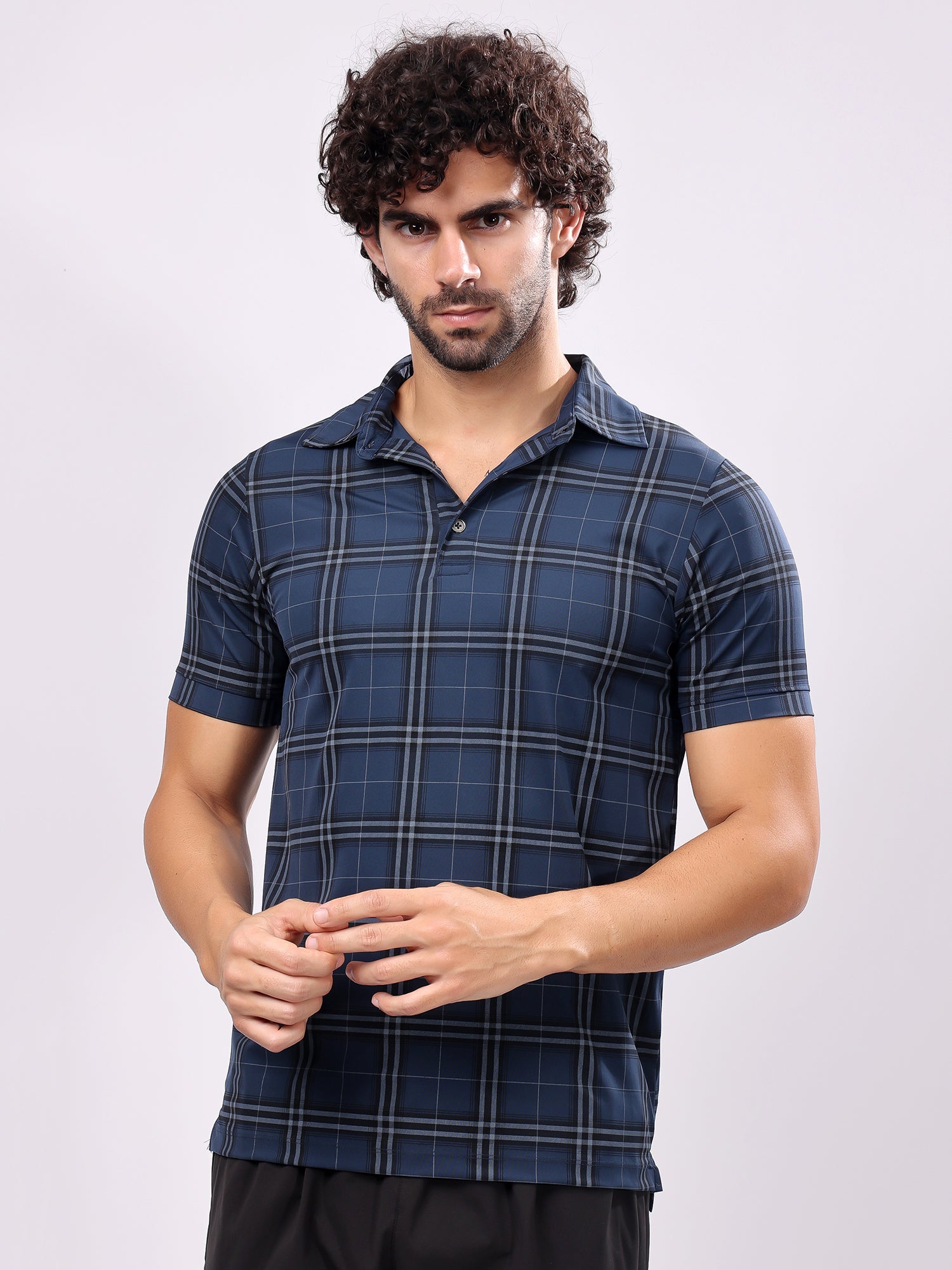 Checked Aegean Blue Collar T­Shirt