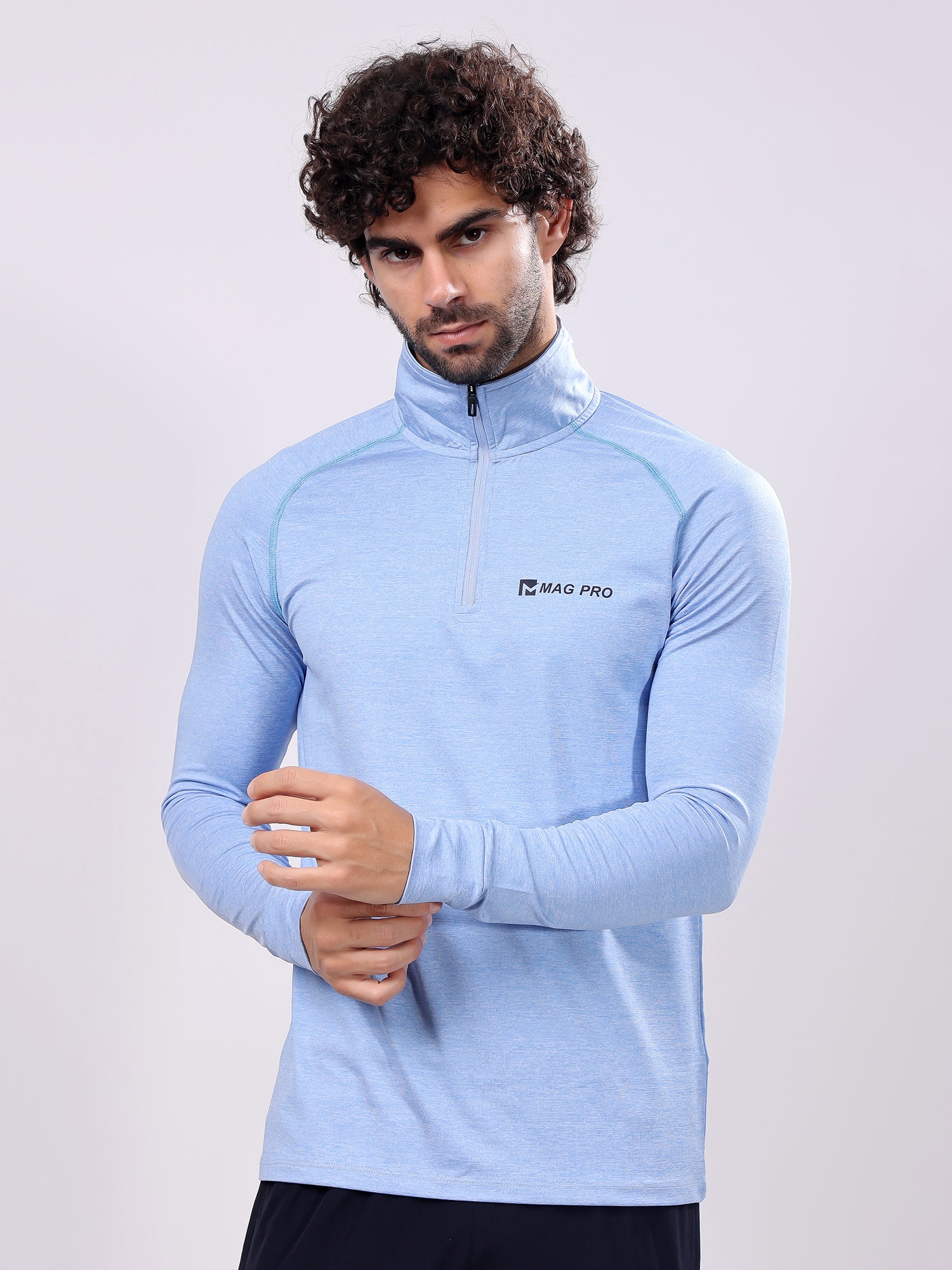 Plain Colombia Blue High­Neck Full Sleeve Tee