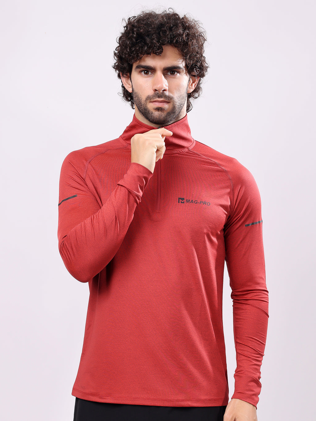 Plain Vermillion Red High­Neck Full Sleeve Tee