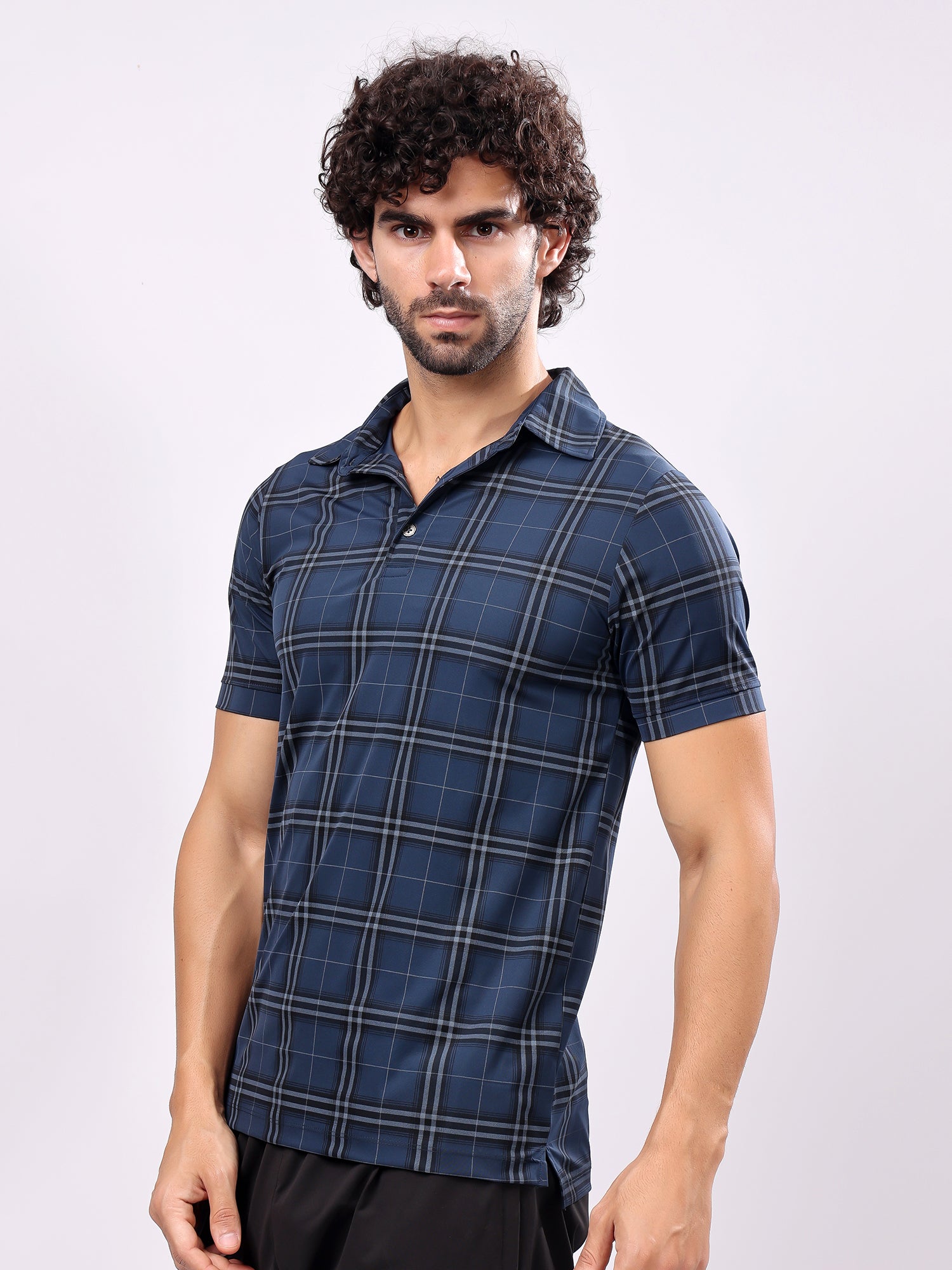 Checked Aegean Blue Collar T­Shirt