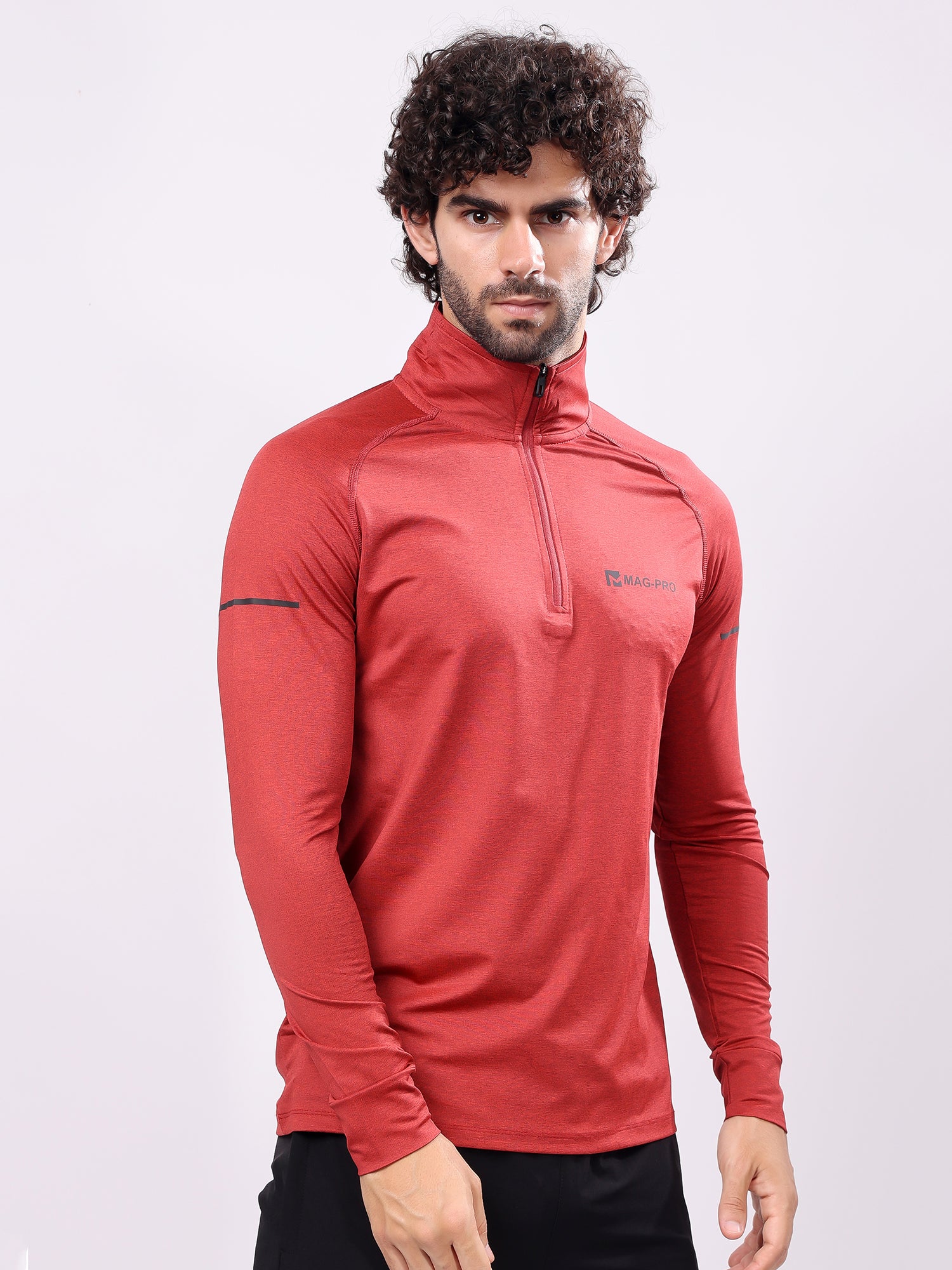 Plain Vermillion Red High­Neck Full Sleeve Tee