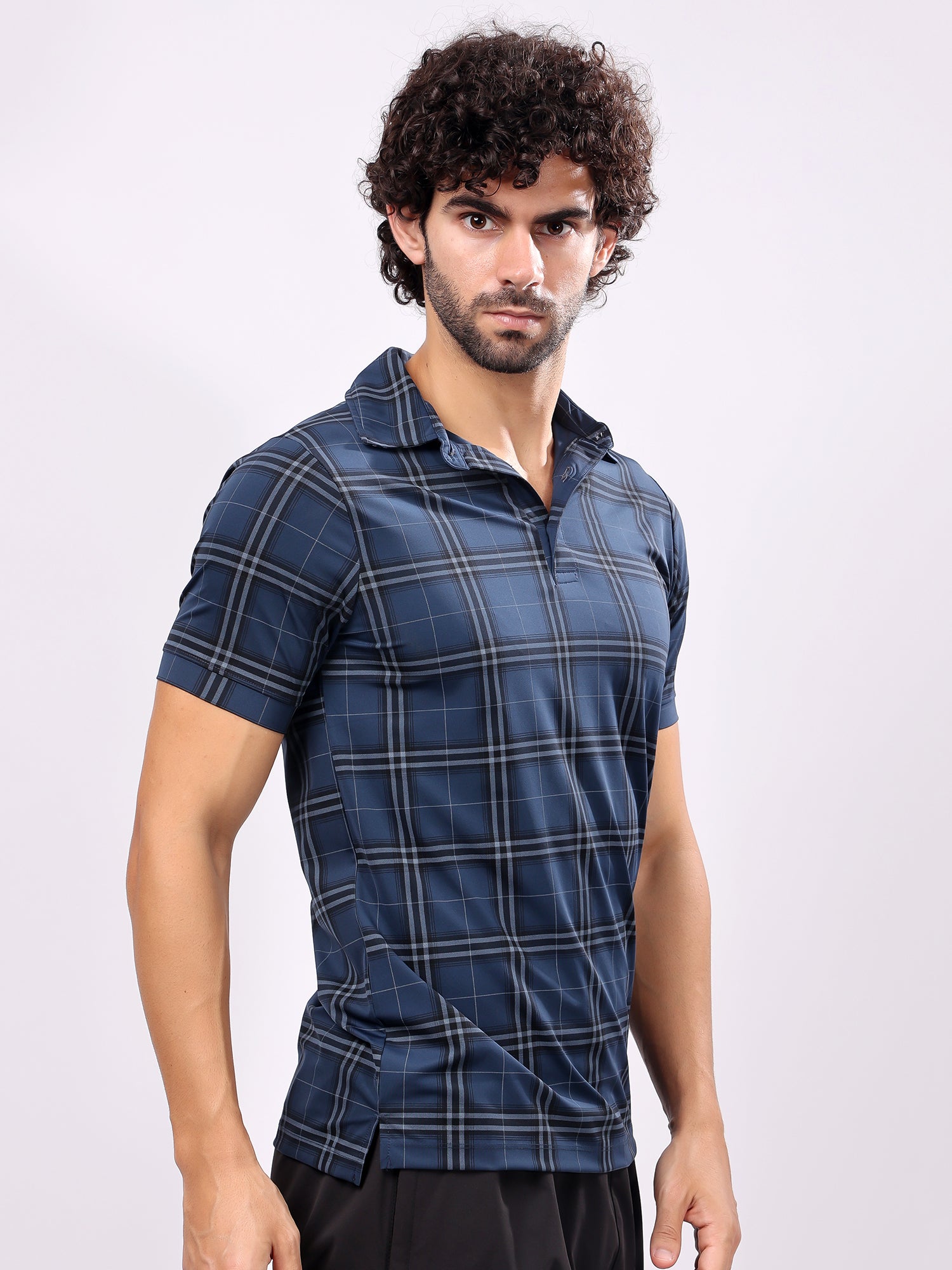 Checked Aegean Blue Collar T­Shirt
