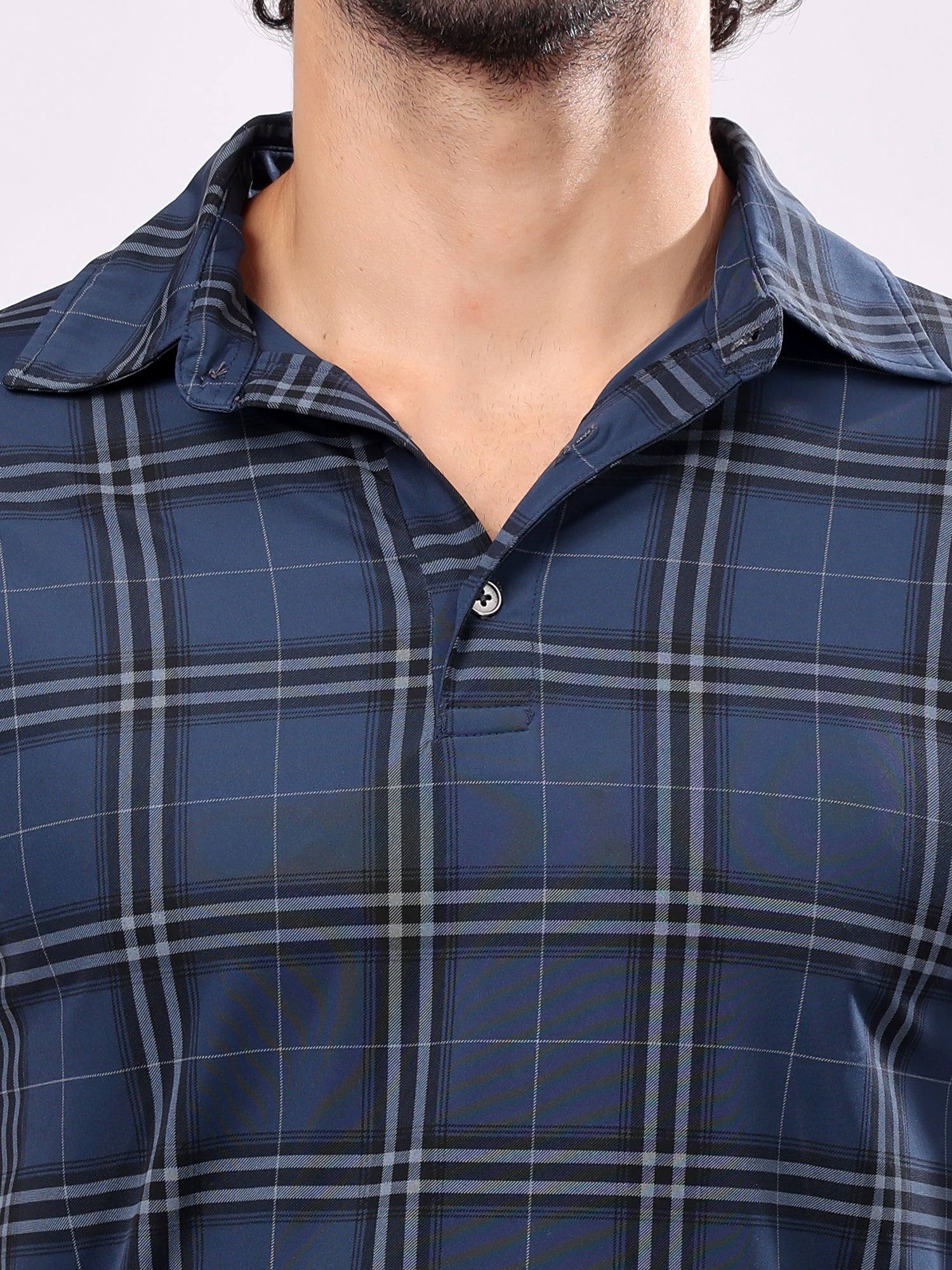 Checked Aegean Blue Collar T­Shirt