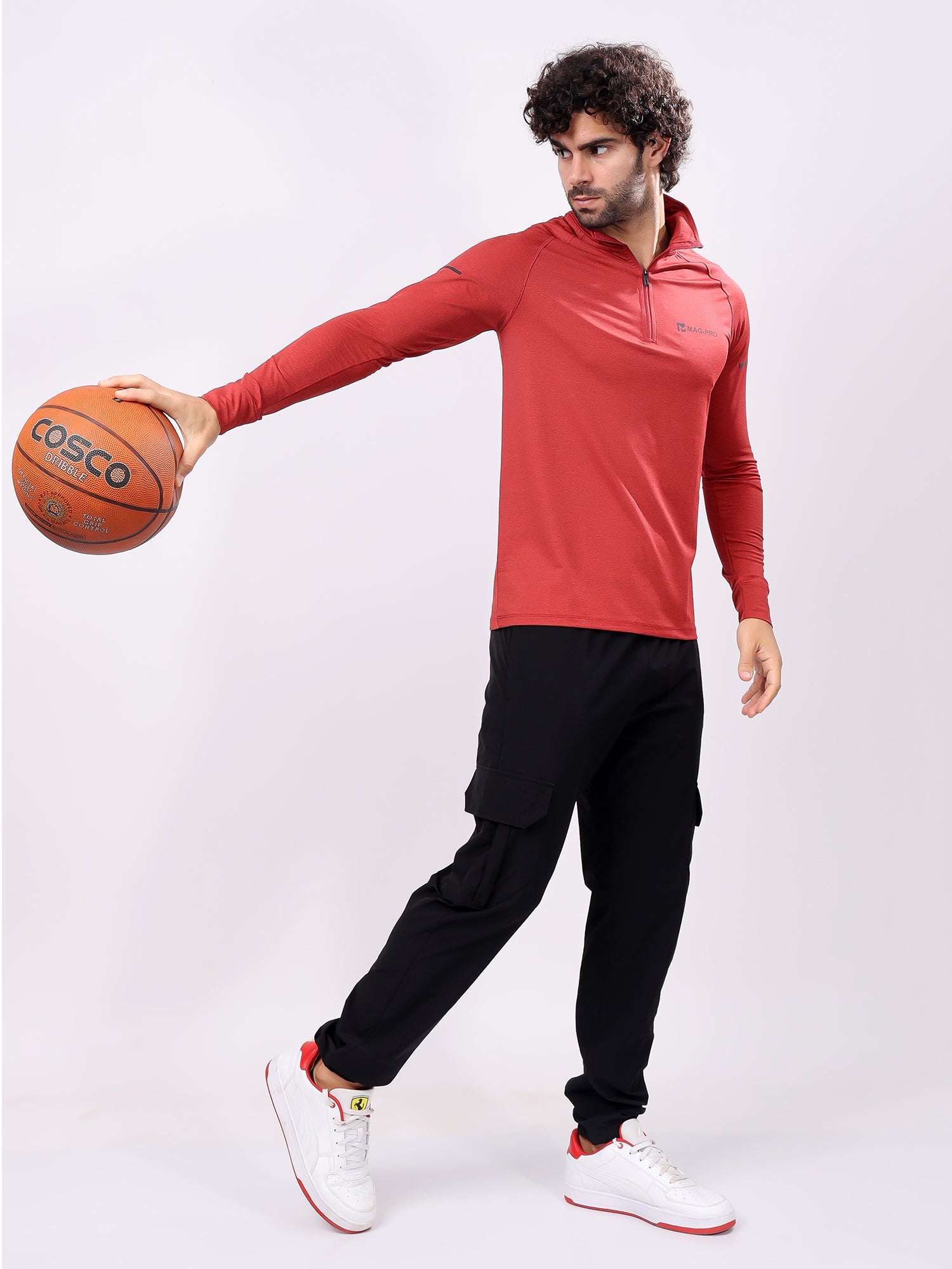 Plain Vermillion Red High­Neck Full Sleeve Tee