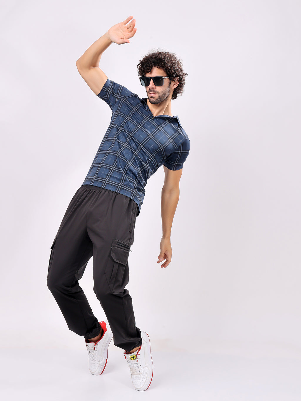 Checked Aegean Blue Collar T­Shirt