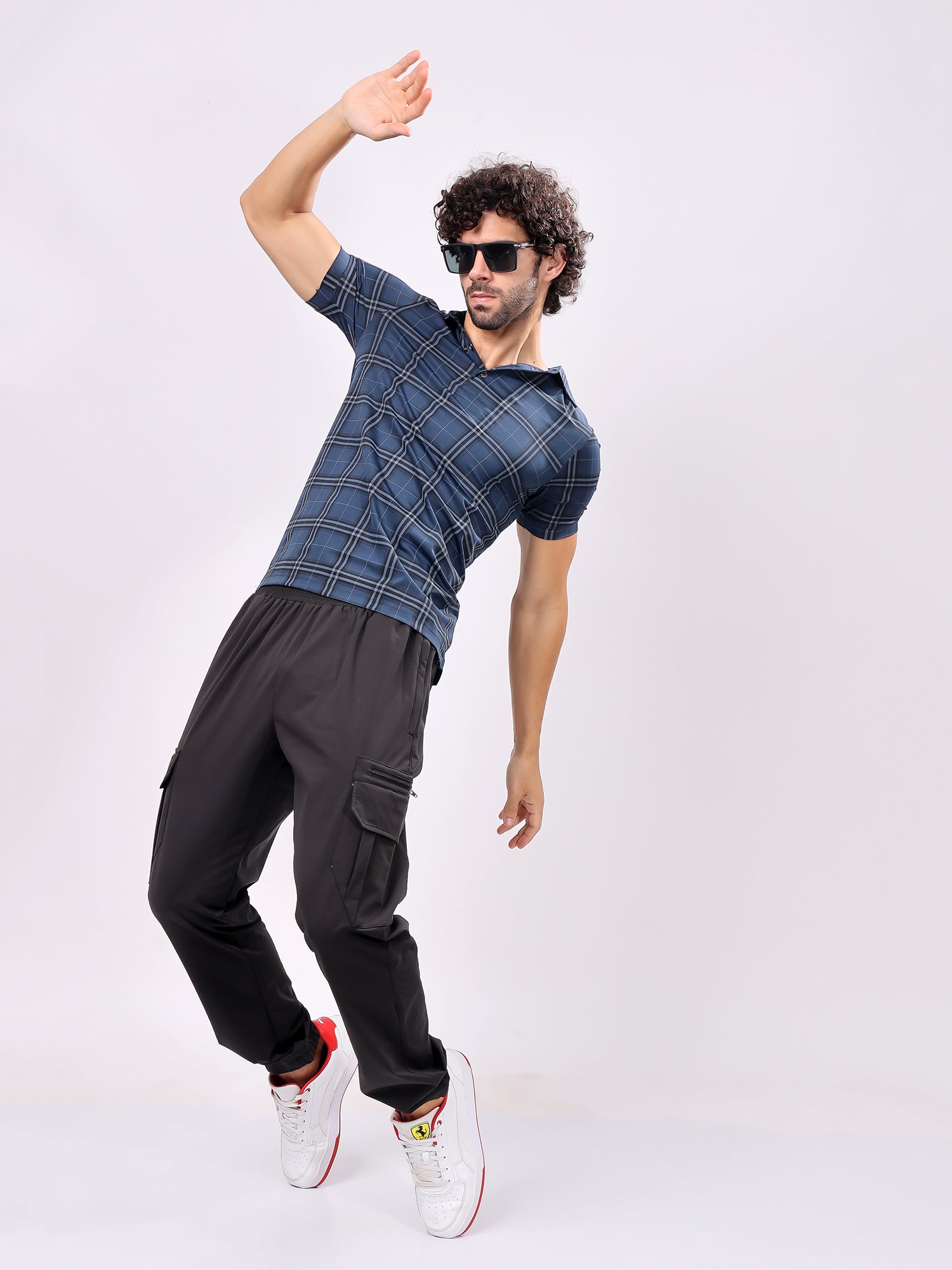 Checked Aegean Blue Collar T­Shirt