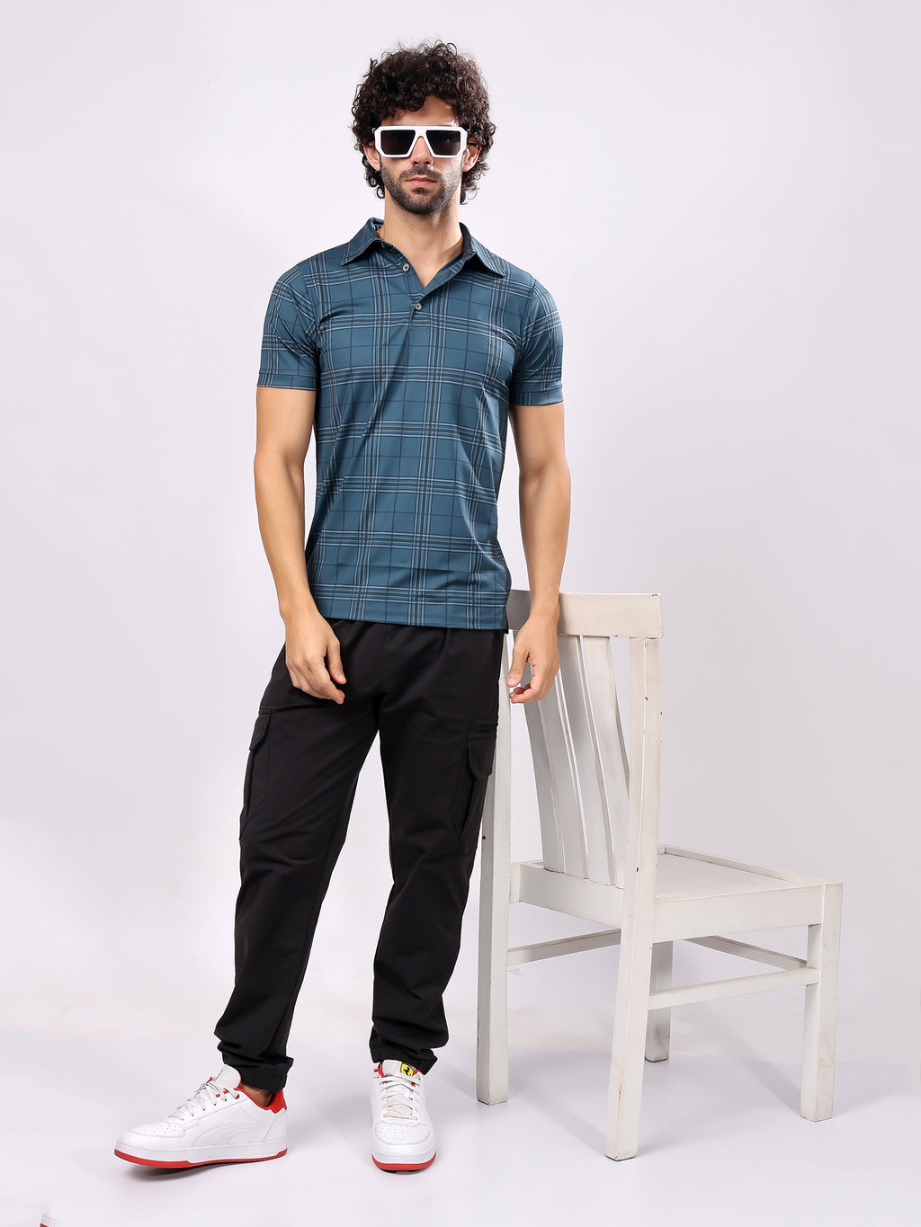 Checked Ocean Blue Collar T­Shirt