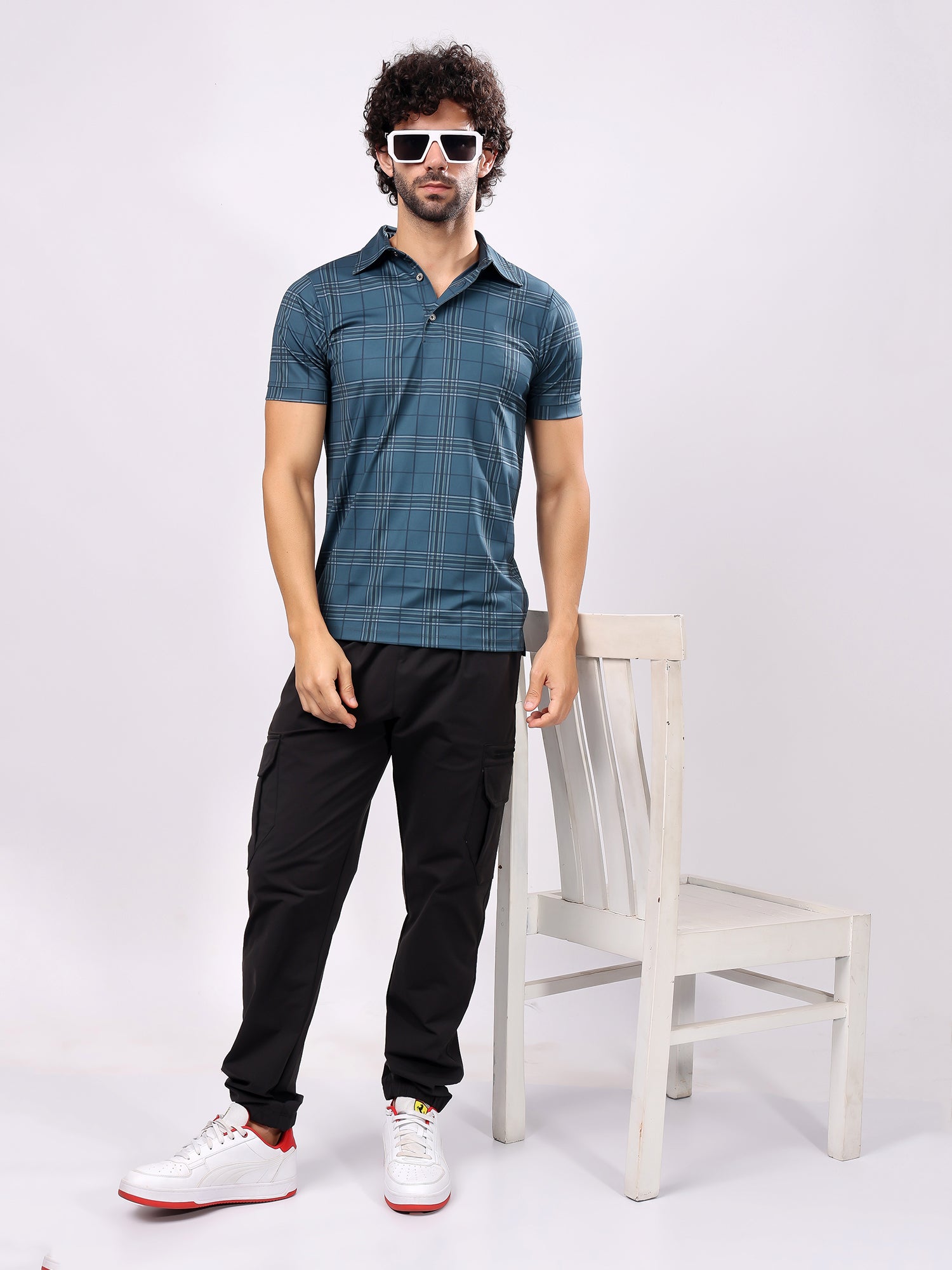 Checked Ocean Blue Collar T­Shirt