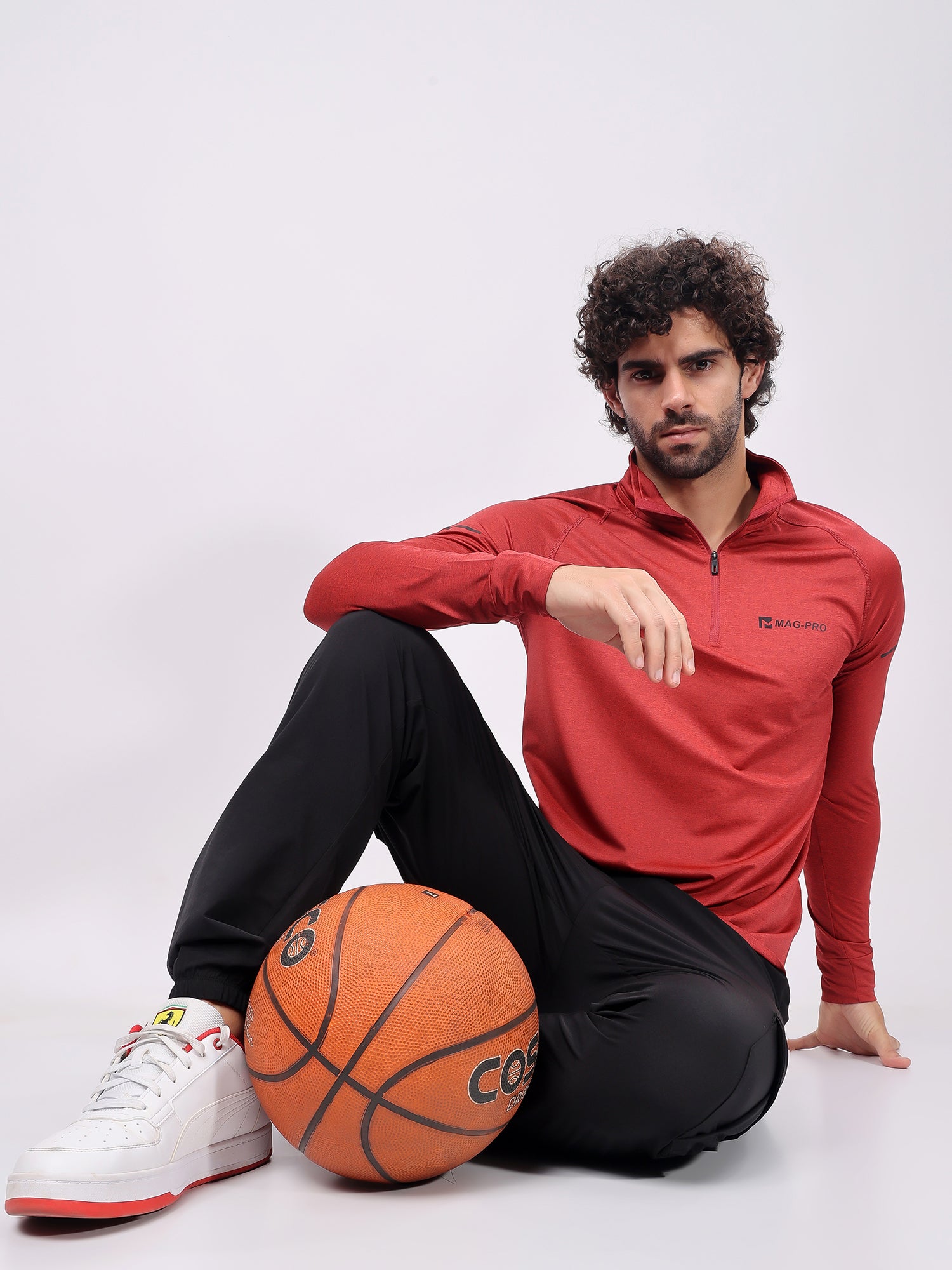 Plain Vermillion Red High­Neck Full Sleeve Tee