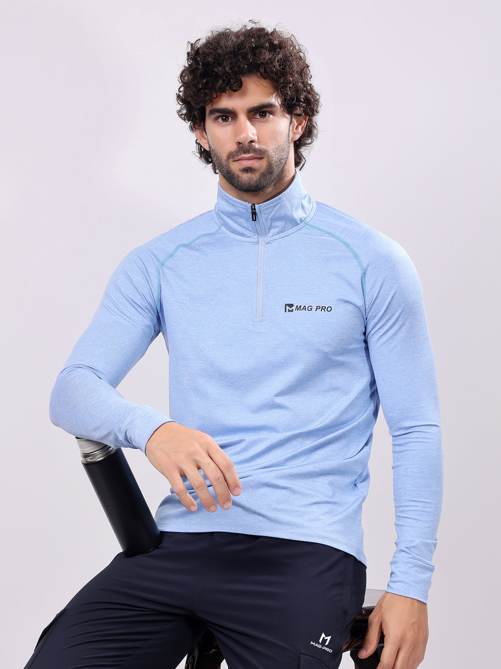 Plain Colombia Blue High­Neck Full Sleeve Tee