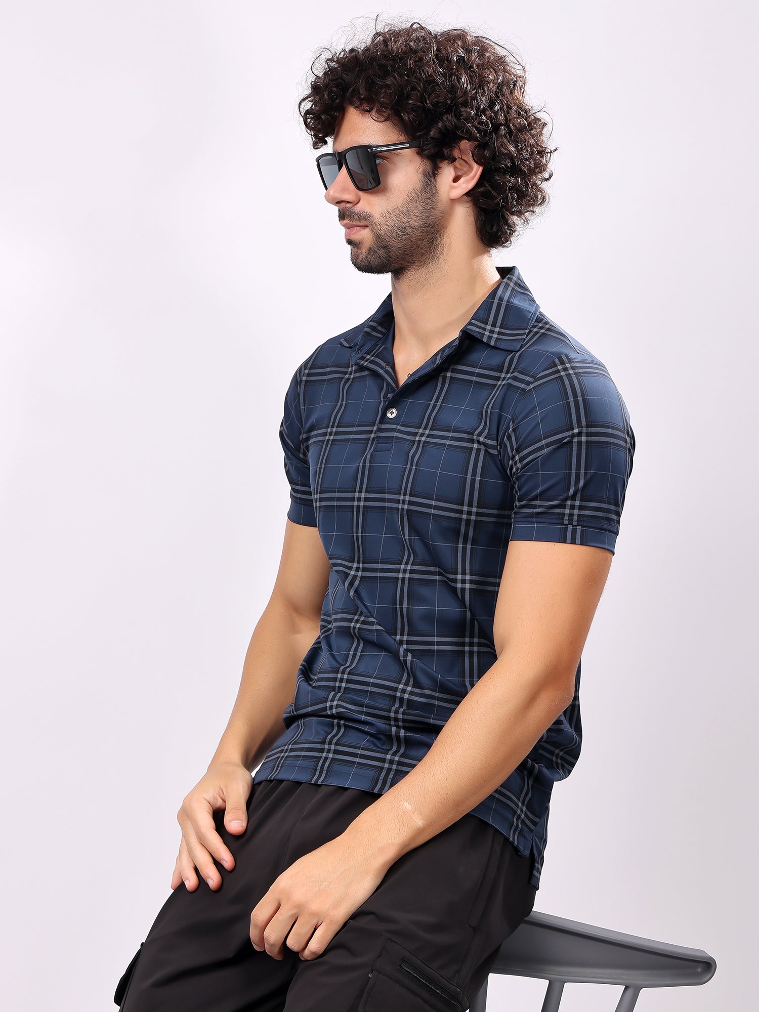 Checked Aegean Blue Collar T­Shirt