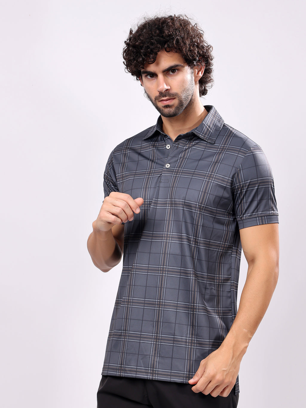 Checked Grey Collar T­-Shirt